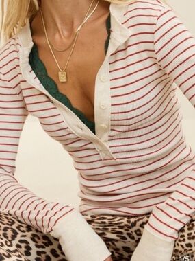 Aerie Red and White Striped Essentials Henley Shirt XL, NWT